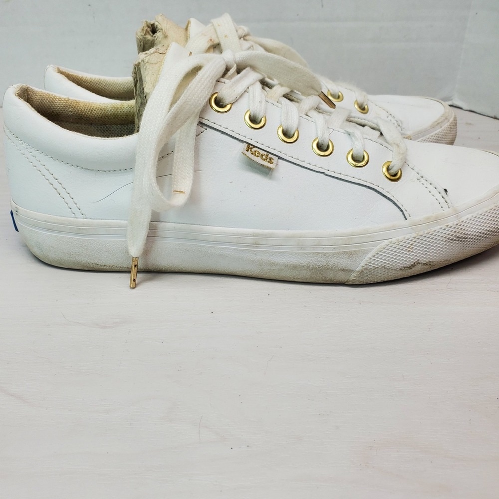 Keds Womens White‎ Leather Low Top Lace Up Sneakers Shoes Size 7 Gold Accents - Picture 4 of 15